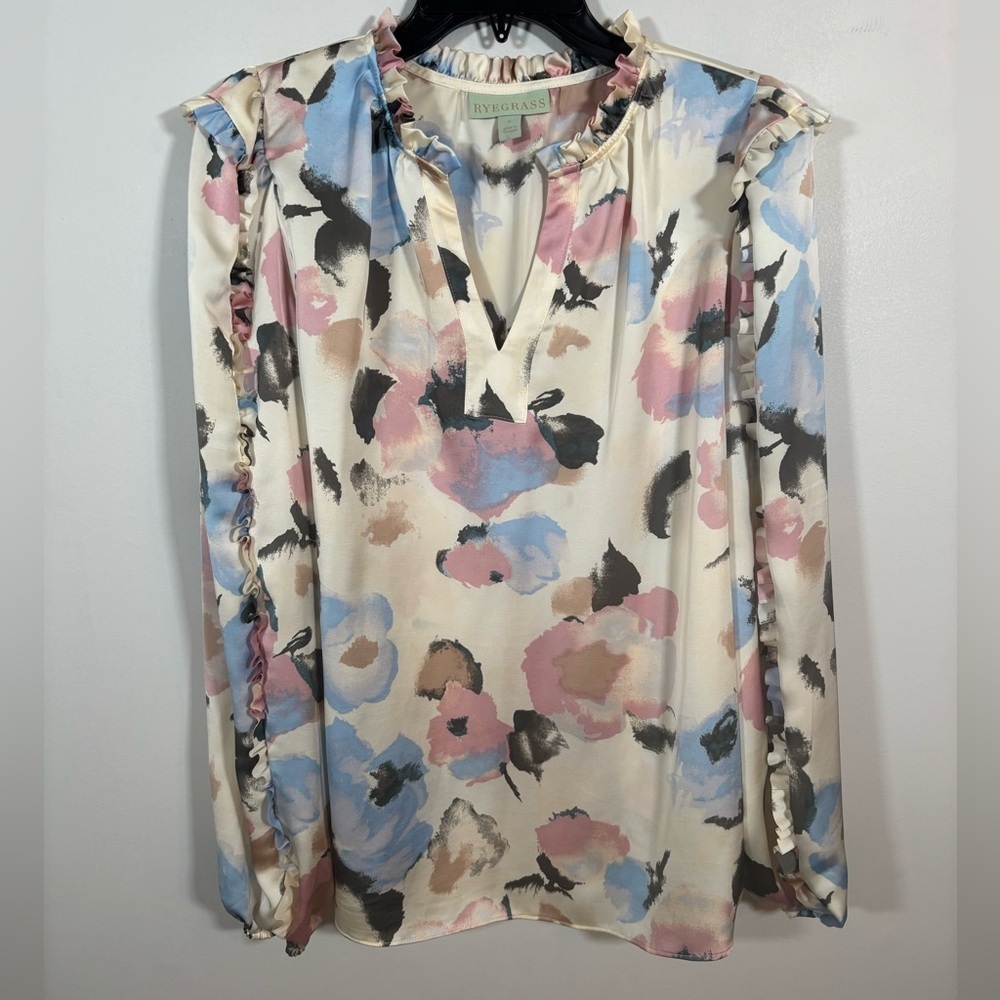 Ryegrass Watercolor Floral Ruffle Long Sleeve Blouse Size L